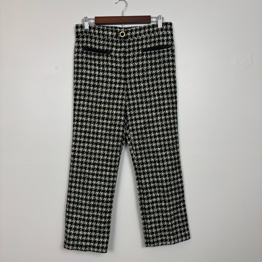 Zara Pants‎ Medium Black Green Tweed Houndstooth Cropped High Rise